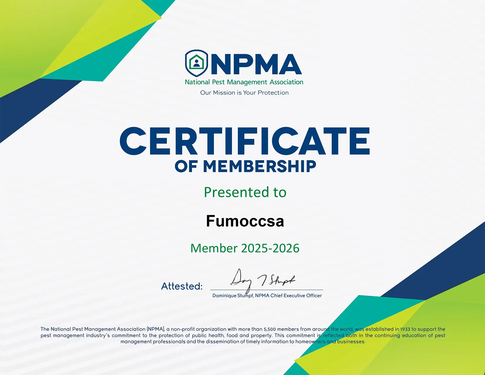Certificado NPMA 2025-2026 - FUMOCCSA